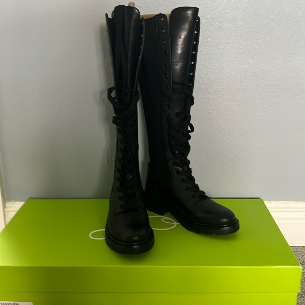 Black leather and knit lace up boots
